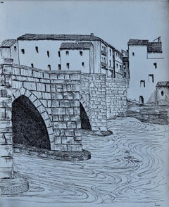 French Stone Bridge River Town Architecture Ink Drawing Bernard Labbe