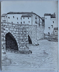 French Stone Bridge River Town Architecture Ink Drawing Bernard Labbe