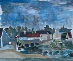 French Village River Bridge Houses Landscape Gouache by Bernard Labbe