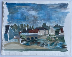 French Village River Bridge Houses Landscape Gouache by Bernard Labbe