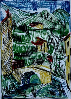 French Hillside Village Ink Drawing Landscape Study Bridge and Buildings