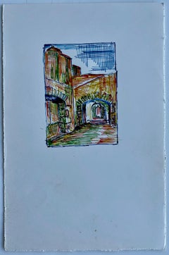 French Archway Passage Ink Drawing Architectural Study Sunlit Courtyard