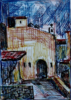 Cour méditerranéenne Arcade Dessin à l'encre Petite étude architecturale