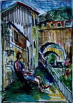 Scène de balcon méditerranéenne avec personnage Dessin à l'encre Petite étude architecturale