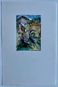 Scène de balcon méditerranéenne avec personnage Dessin à l'encre Petite étude architecturale