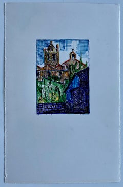 Dessin à l'encre d'une église et d'un village méditerranéens Petite étude de paysage architectural