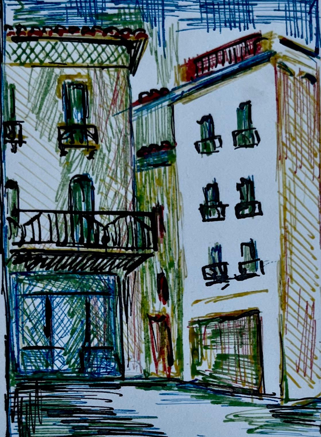 20th Century French School Landscape Painting - Mediterranean Buildings with Balcony Ink Drawing Small Architectural Study