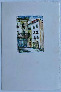 Mediterranean Buildings with Balcony Ink Drawing Small Architectural Study