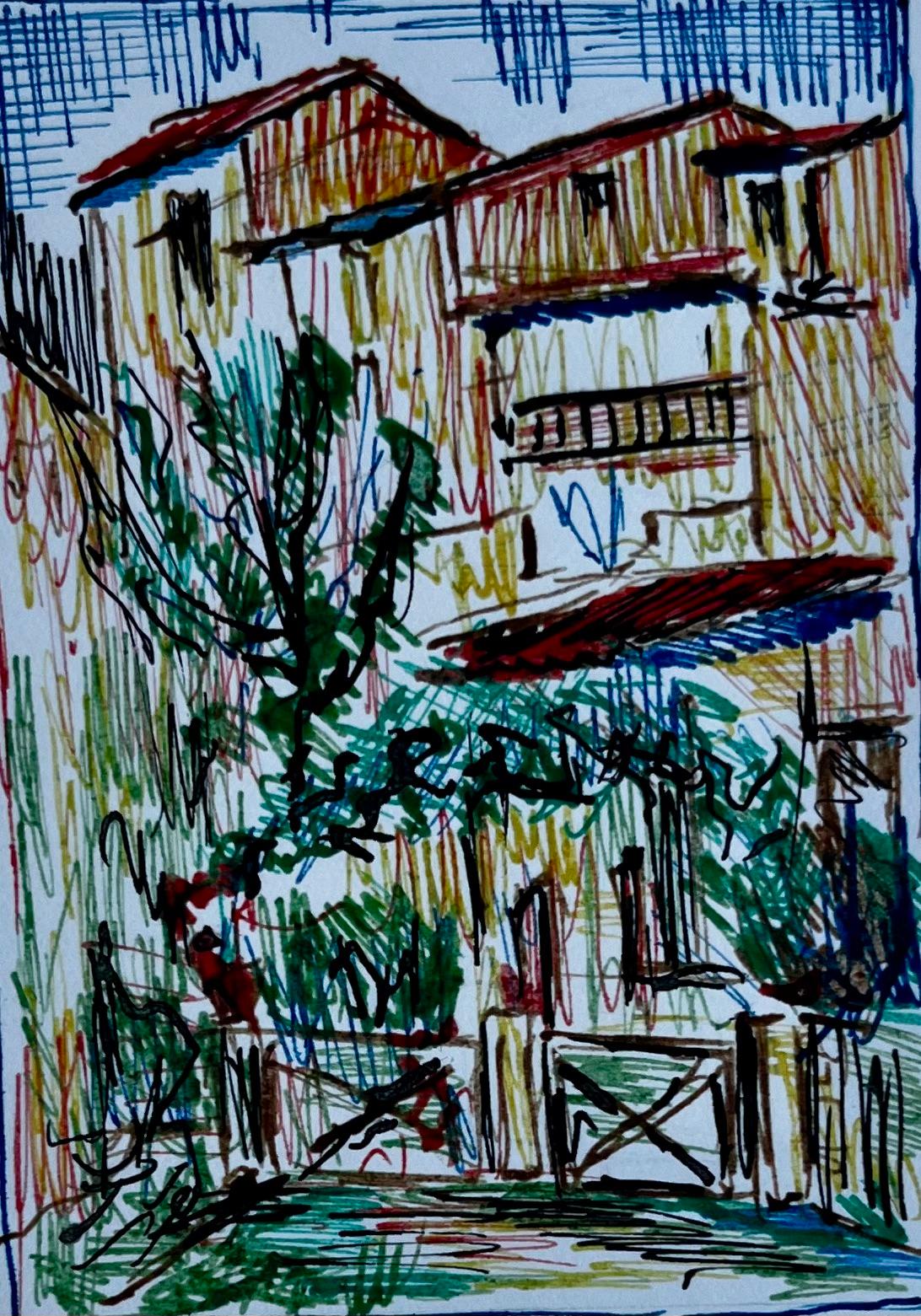 20th Century French School Landscape Art - Mediterranean House with Tree Ink Drawing Small Architectural Study Courtyard