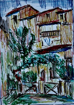 Casa Mediterránea con Árbol Dibujo a Tinta Pequeño Estudio Arquitectónico Patio