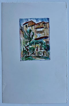 Casa Mediterránea con Árbol Dibujo a Tinta Pequeño Estudio Arquitectónico Patio