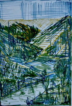 Paisaje Abstracto Estudio Dibujo Tinta Colinas Verdes Valle Composición Pequeño Boceto