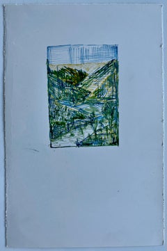 Paisaje Abstracto Estudio Dibujo Tinta Colinas Verdes Valle Composición Pequeño Boceto