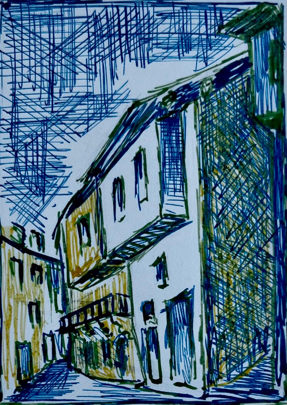 20th Century French School Landscape Art - Mediterranean Street Scene Ink Drawing Small Architectural Study