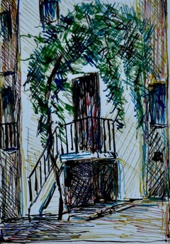 Patio Mediterráneo Balcón Dibujo a Tinta Pequeño Estudio Arquitectónico con Enredadera