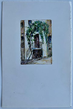 Patio Mediterráneo Balcón Dibujo a Tinta Pequeño Estudio Arquitectónico con Enredadera