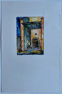 Mediterranean Architectural Courtyard Ink Drawing Small Colour Sketch