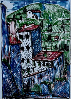 Disegno a inchiostro di un villaggio della collina mediterranea Piccolo schizzo architettonico su carta