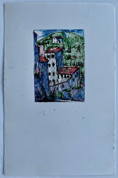 Disegno a inchiostro di un villaggio della collina mediterranea Piccolo schizzo architettonico su carta