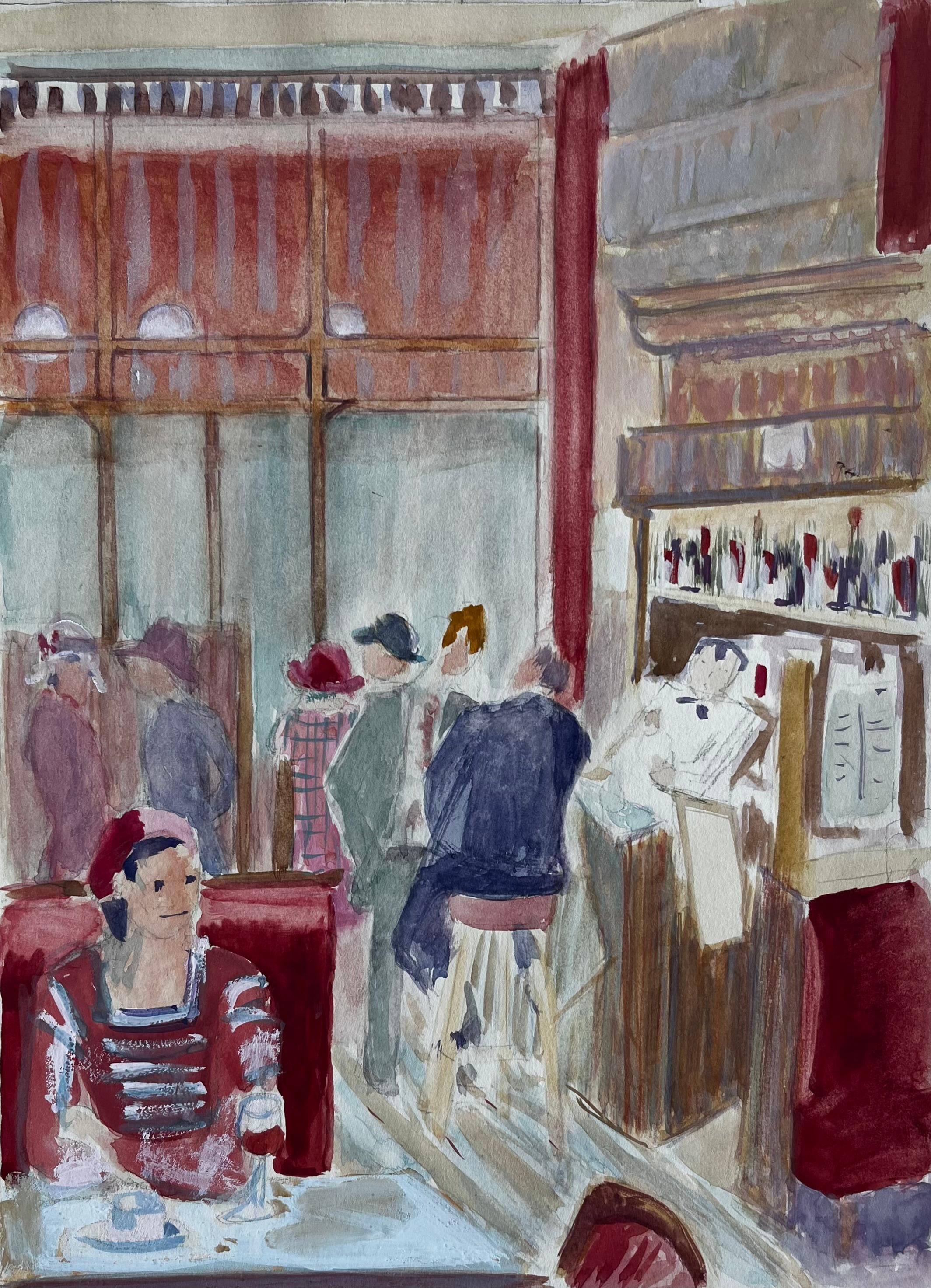 Paris Café Interior Red Banquette Figure Watercolour Bar Scene Painting