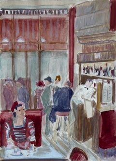 Paris Café Interior Red Banquette Figure Watercolour Bar Scene Painting