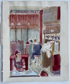 Paris Café Interior Red Banquette Figure Watercolour Bar Scene Painting