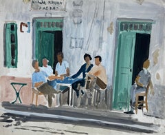 Figures Seated Outside Cafe Watercolour Street Scene Mediterranean Architecture