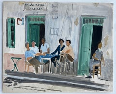 Figures Seated Outside Cafe Watercolour Street Scene Mediterranean Architecture