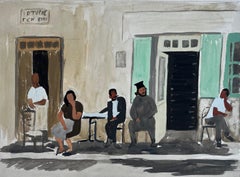 Bar Coupole Haiti 1982 Figures Outside Cafe Watercolour Street Scene Painting