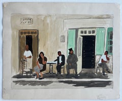 Bar Coupole Haiti 1982 Figures Outside Cafe Watercolour Street Scene Painting