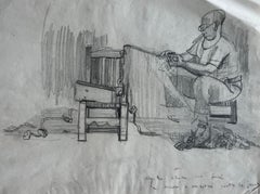 Seated Figure Working with Loom Graphite Drawing Study Artist Notes on Paper