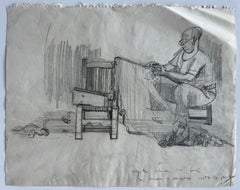 Seated Figure Working with Loom Graphite Drawing Study Artist Notes on Paper
