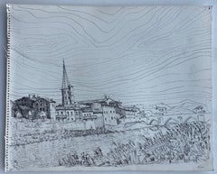 French Riverside Town Bridge Church Spire Landscape Ink Drawing Bernard Labbe