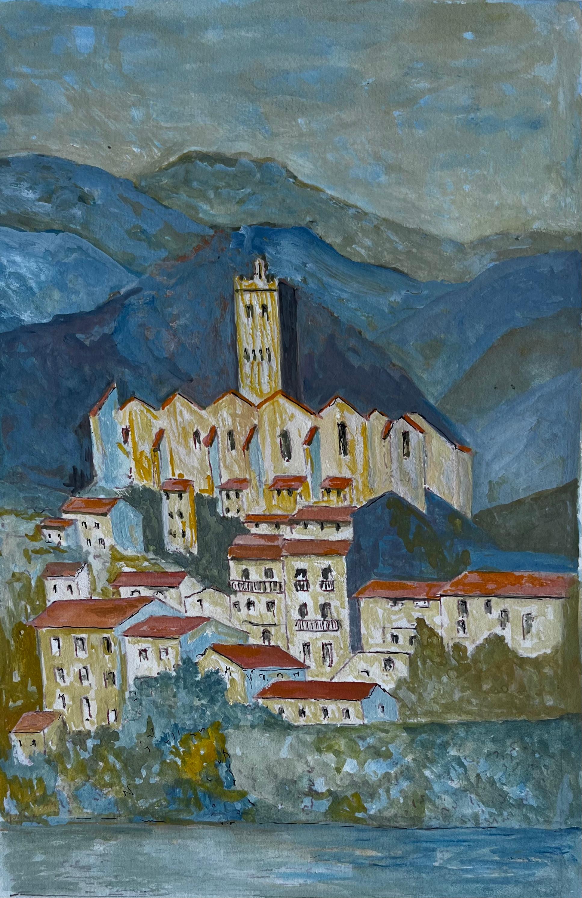 French Hilltop Village Church Mountains Landscape Gouache Painting Bernard Labbe