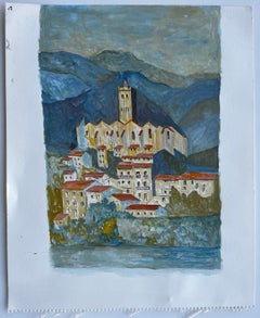 Aldea francesa en la cima Iglesia Montañas Paisaje Pintura al gouache Bernard Labbe