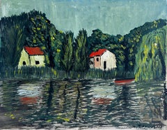 French River Landscape Houses Red Roof Boat Fauvist Style Gouache Painting