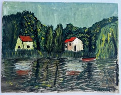 French River Landscape Houses Red Roof Boat Fauvist Style Gouache Painting