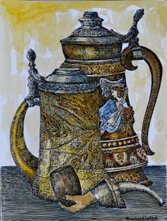 Impresión decorativa francesa de jarra de cerveza coloreada a mano Bernard Labbe