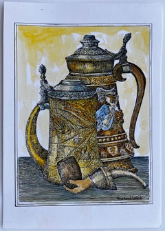 Impresión decorativa francesa de jarra de cerveza coloreada a mano Bernard Labbe