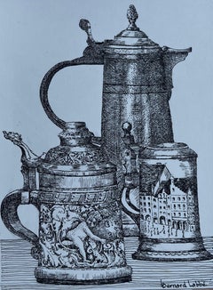 Bodegón francés Tankards Cerveza Steins Tinta Dibujo Bernard Labbe Original