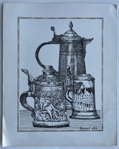 Bodegón francés Tankards Cerveza Steins Tinta Dibujo Bernard Labbe Original