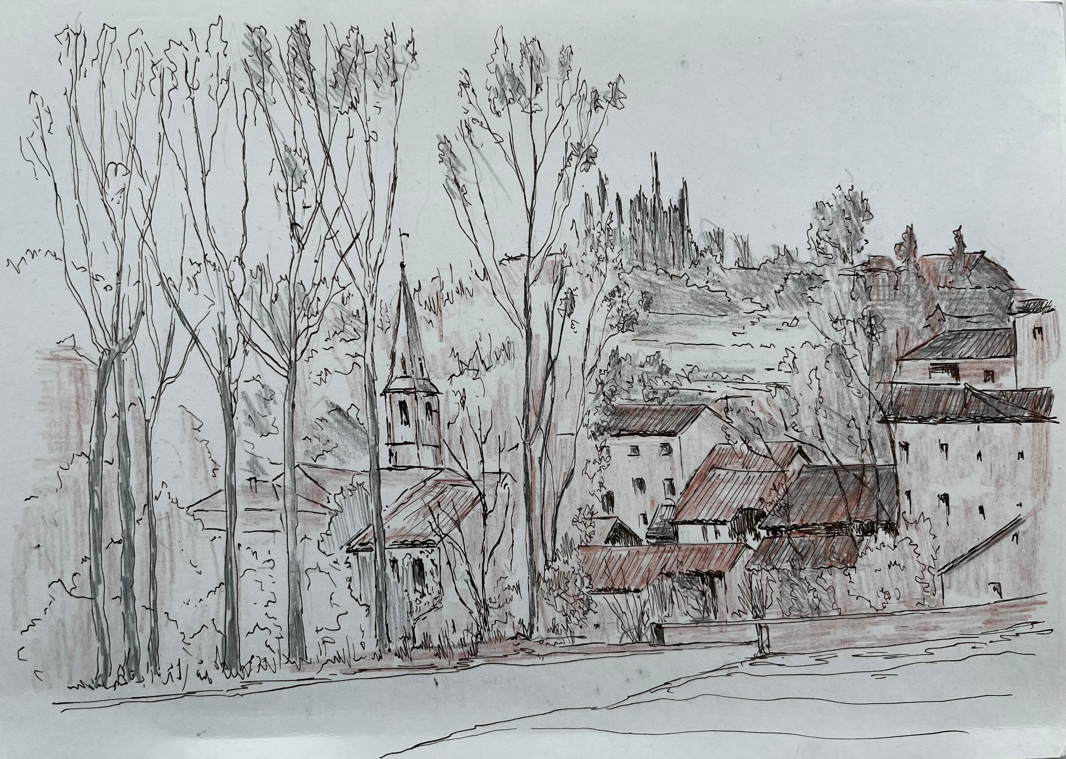 Villaggio francese Paesaggio Chiesa Alberi Disegno a inchiostro Bernard Labbe Originale