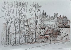 Paisaje de pueblo francés Iglesia Árboles Dibujo a tinta Bernard Labbe Original