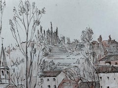 Paisaje de pueblo francés Iglesia Árboles Dibujo a tinta Bernard Labbe Original