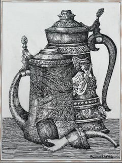 Bodegón francés Tankard Pipa Cerveza Stein Tinta Dibujo Bernard Labbe Original