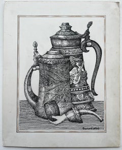 Bodegón francés Tankard Pipa Cerveza Stein Tinta Dibujo Bernard Labbe Original