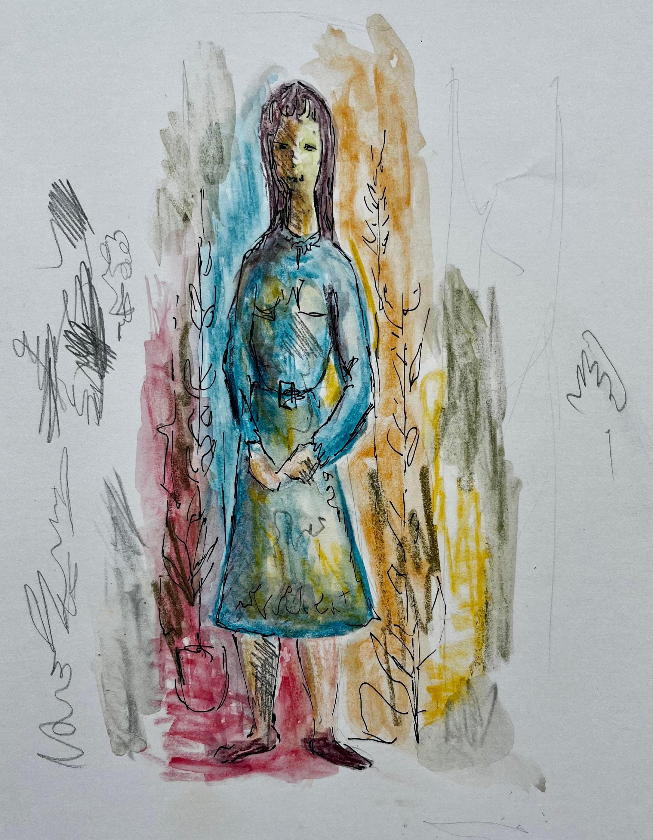 French Figurative Study Standing Woman Ink Watercolor Bernard Labbe Drawing