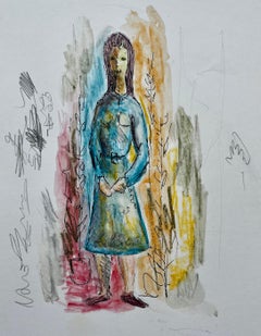 Estudio figurativo francés Mujer de pie Tinta Acuarela Dibujo Bernard Labbe