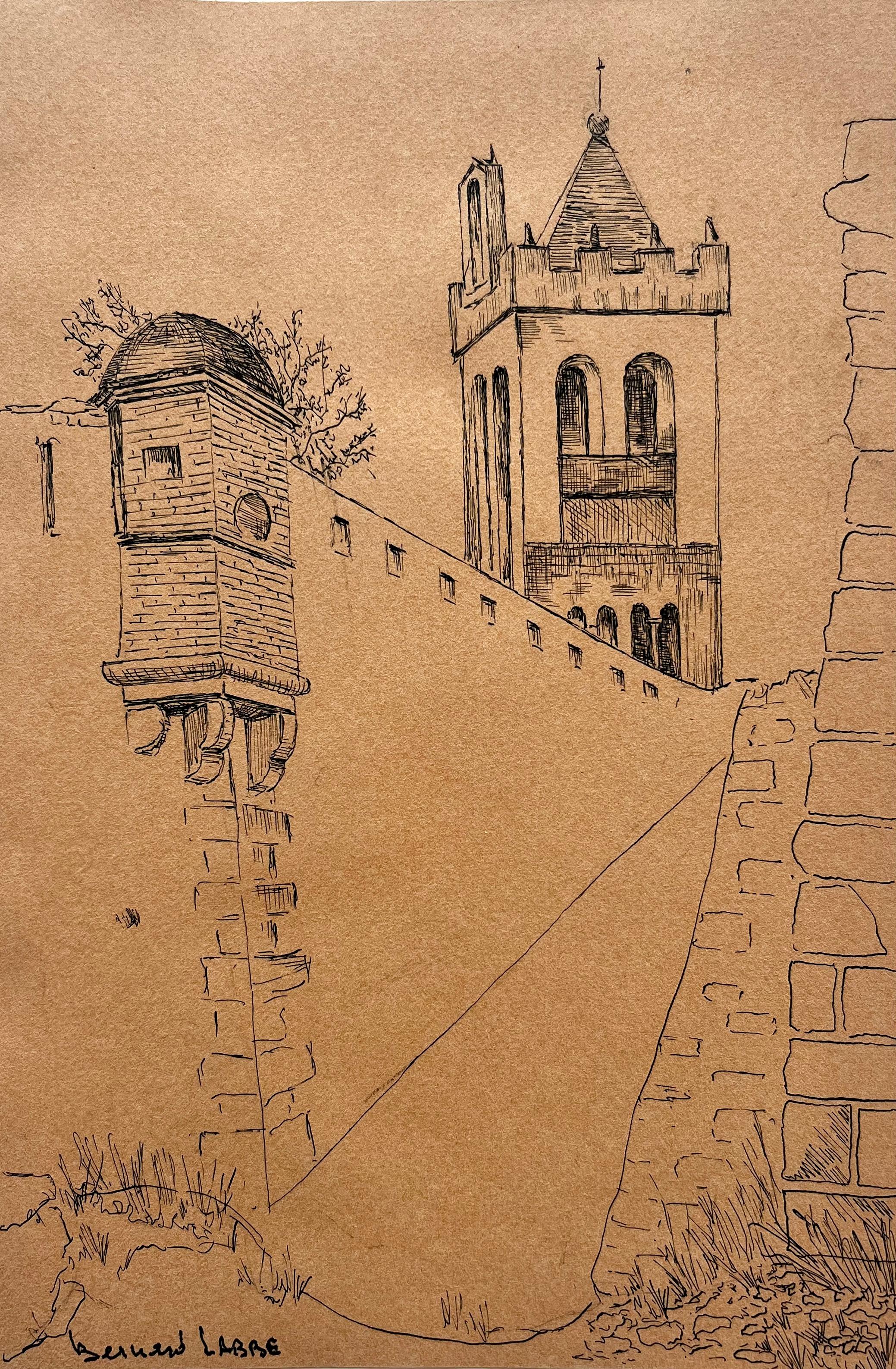 Title: French Architectural Tower Study Ink Drawing Brown Paper Bernard Labbe
Artist: Bernard Labbe (French, mid 20th century)
Medium: Ink on toned artists paper, unframed
Size: 11.75 x 8.25 inches (height x width)
Signed: Bottom left
Condition:good