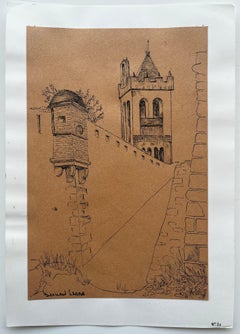 French Architectural Tower Study Ink Drawing Brown Paper Bernard Labbe
